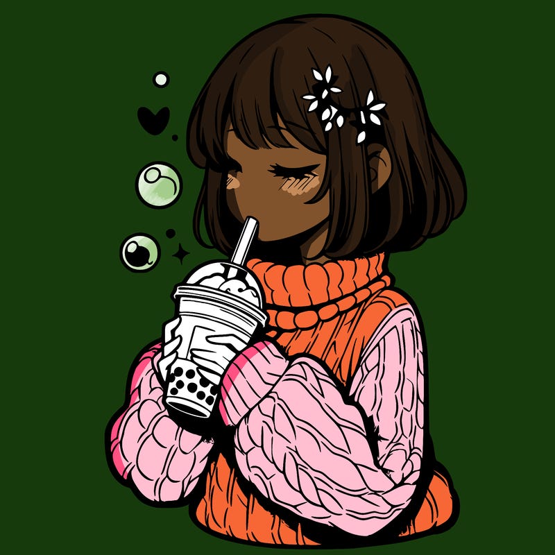 manga girl drinking boba in cozy sweater