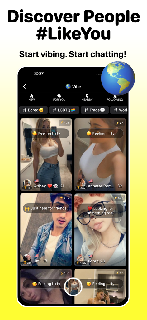 Dizkover: Find Friends Near Me - Dizkover mobile app interface showing a feed of people with status tags and photos.