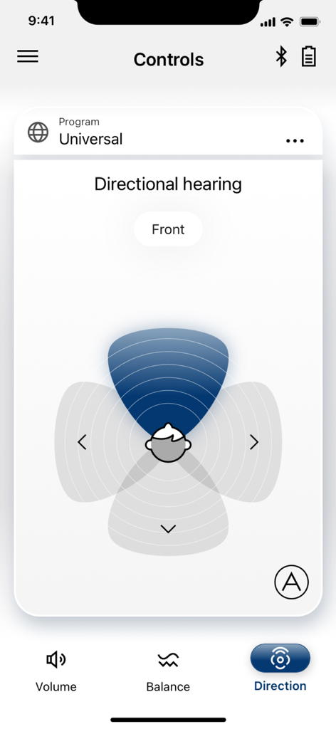 myRemote App - Interfaz de la app myRemote que muestra el control de audición direccional configurado al frente.