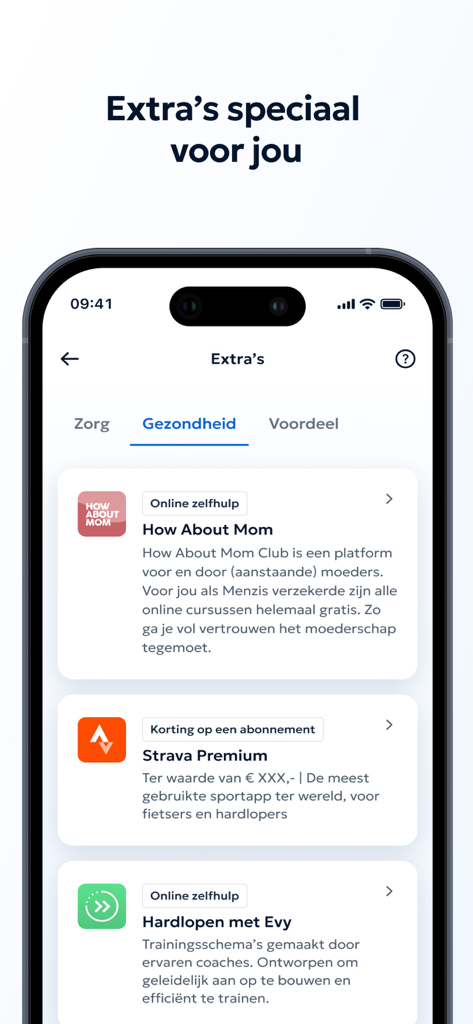 Menzis app - Menzis app screen showing health extras including partner discounts for Strava Premium and self-help training programs