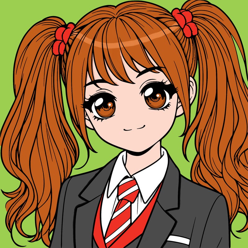 realistic girl with two ponytails and a suit on