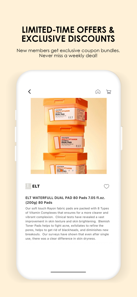 cosmile - Cosmile app screen showing limited time offers and a detailed product page for ELT Waterfull Dual Pad skincare.
