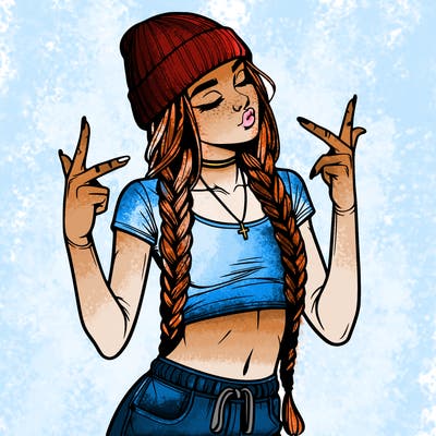realistic teenage girl with braids and a beanie and crop top doing 🫶🏼