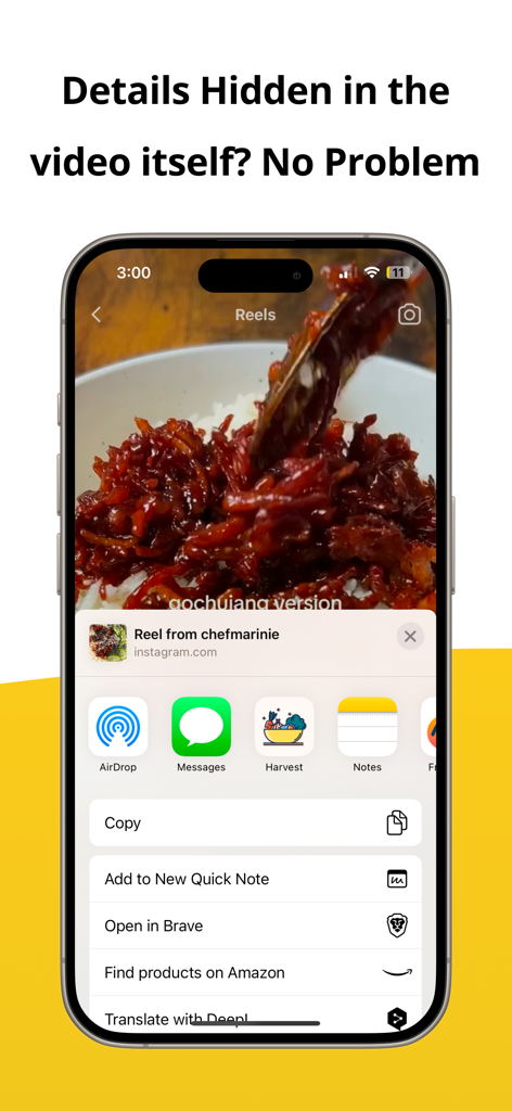 Harvest: Turn Feed into Notes - iPhone mostrando la aplicación Harvest en la hoja de compartir de iOS para guardar un Reel de receta de Instagram como una nota formateada