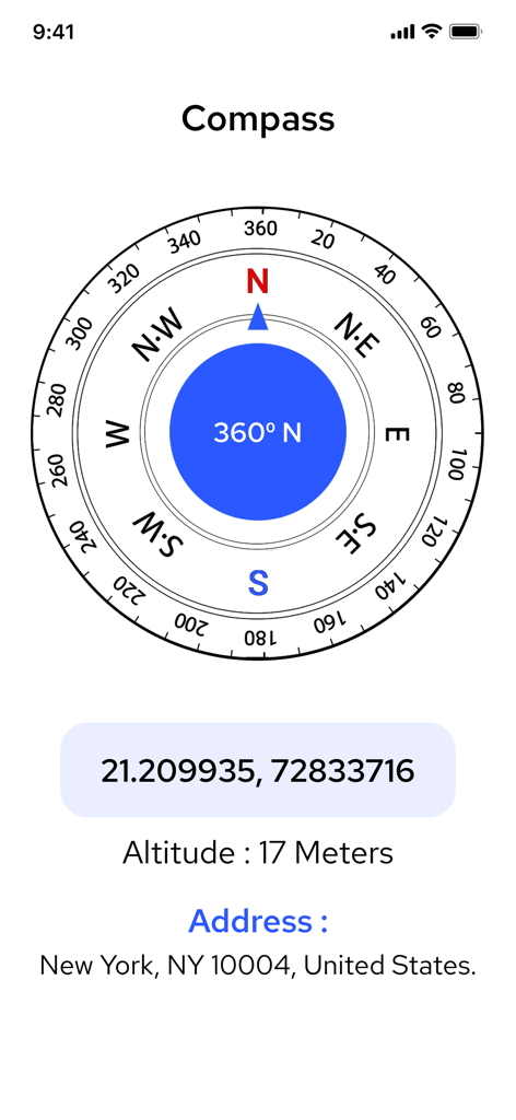 GPS Coordinator Area Measure - Interfaz de brújula digital en la aplicación Coordenadas GPS que muestra coordenadas de latitud y longitud y altitud