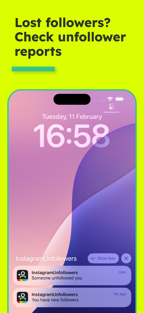 FollowerSpy Unfollower Tracker - iPhone lock screen displaying notifications from FollowerSpy about new and lost followers on Instagram