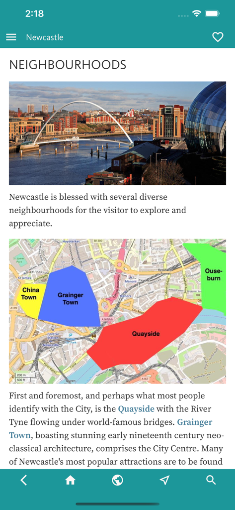 Ein Bildschirm aus der Newcastle Reiseführer-App, der eine Stadtkarte mit hervorgehobenen Vierteln und einem Foto der Millennium Bridge anzeigt.