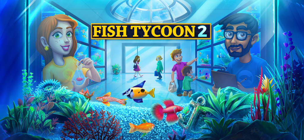 Characters and colorful tropical fish in a vibrant virtual aquarium shop setting