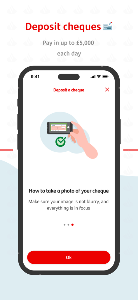 Santander Connect UK - Aplicación móvil Santander Connect UK que muestra cómo depositar un cheque