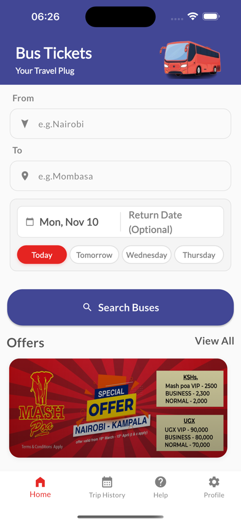 Travler - Travler app bus ticket booking screen with search options for origin destination and date along with special travel offers
