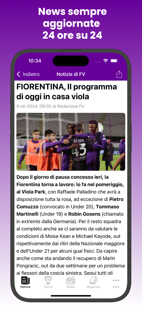 FirenzeViola.it - Mobile screen showing the FirenzeViola app news article about ACF Fiorentina soccer team
