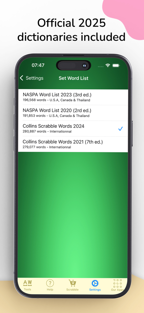 Smartphone screen showing official Scrabble and NASPA word lists in Word Expert app