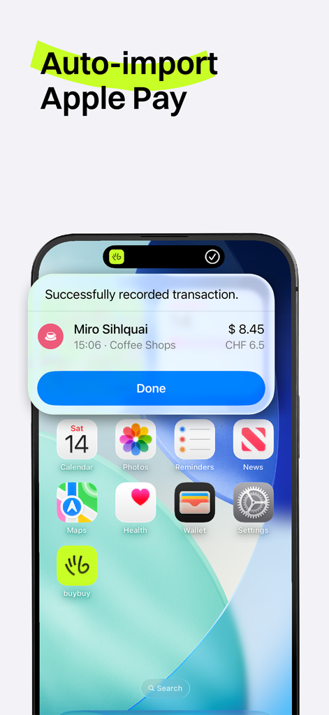 buybuy - iPhone-Bildschirm, der die buybuy-App zeigt, die automatisch eine Apple Pay-Transaktion für einen Kaffee-Einkauf erfasst