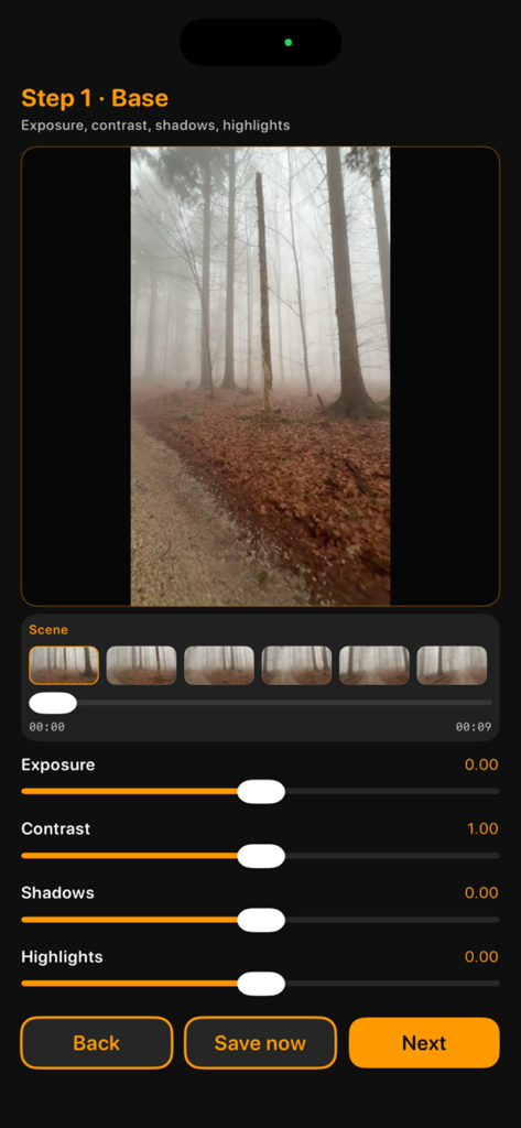 Cinerec - Cinerec app interface for Step 1 Base adjustments including exposure and contrast controls