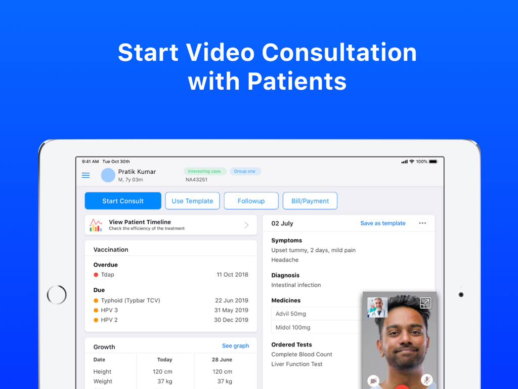 iPad screen displaying the Docon EMR app interface with patient medical records and an active video consultation window