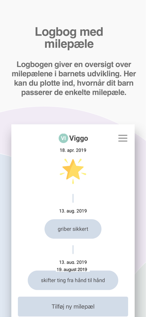 Lille menneske 0-3 år - Interfaz de un diario digital que rastrea los hitos del desarrollo del bebé con fechas y descripciones
