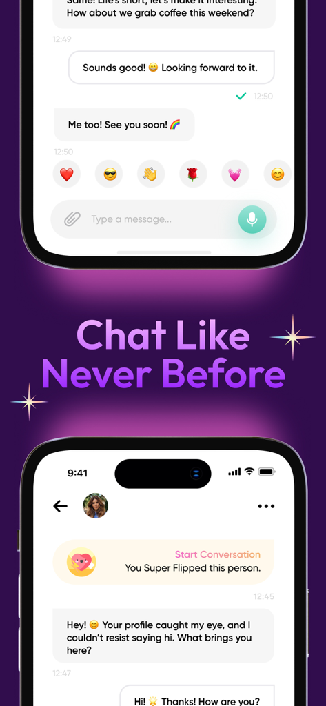 Casual Dating & Flirt - Kasual - Two phone screens showing the chat interface of the Kasual dating app with text Chat Like Never Before.