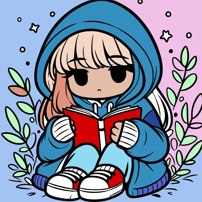girl in oversized hoodie reading a book