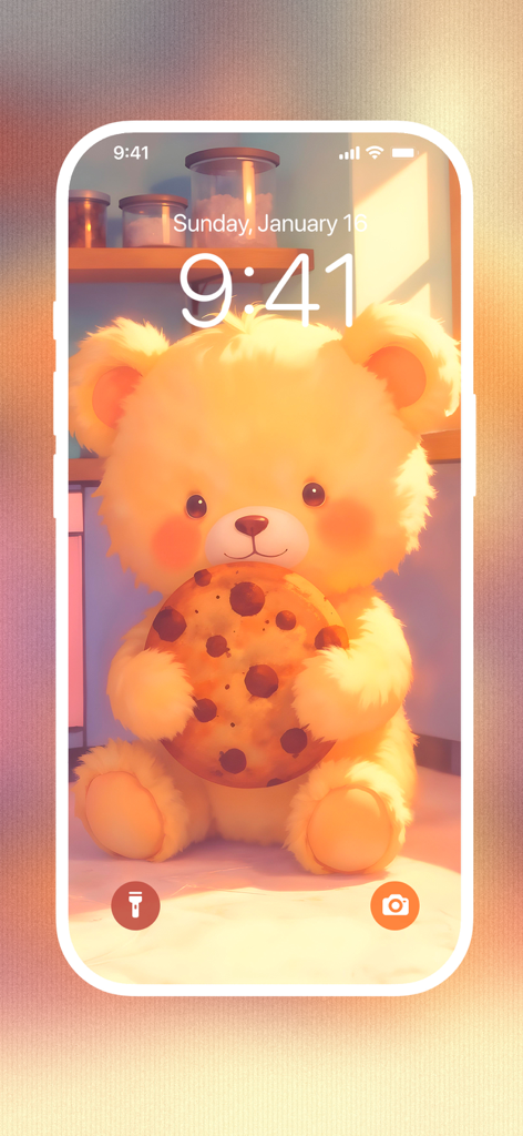 Cute Bear Wallpaper HD - A cute fluffy golden bear holding a large chocolate chip cookie on a mobile lock screen wallpaper.
