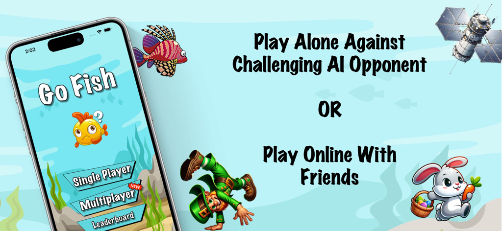 Go Fish | Card Game - Menú de la aplicación de juego de cartas Go Fish mostrando modos multijugador de IA para un solo jugador y en línea con coloridos personajes de dibujos animados