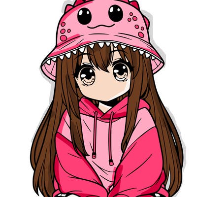 girl with anime shaped eyes with a dinosaur bucket hat oversized sweatshirt long straight hair