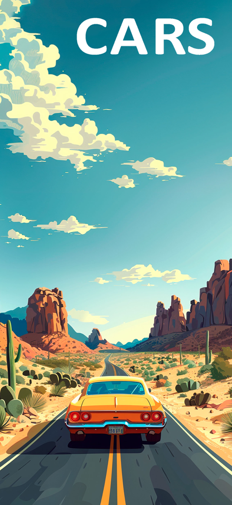 Car racing games snake drift - Yellow classic car driving on a desert road with mountains and cacti under a blue sky