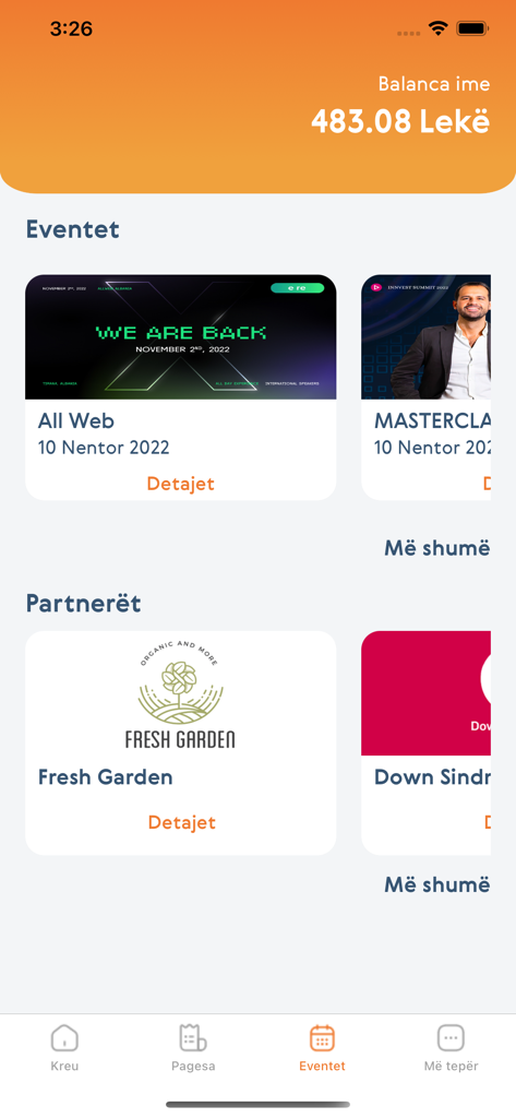 EasyPay Albania - EasyPay Albaniaモバイルアプリのインターフェース。アカウント残高とイベントセクションが表示されます。