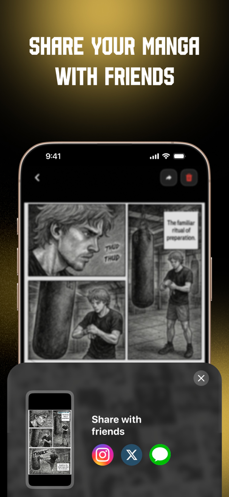 Turn Life into Manga: MangaMe - Interface of MangaMe app showing a created manga panel and a sharing menu with social media icons