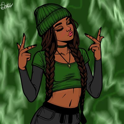 realistic teenage girl with braids and a beanie and crop top doing 🫶🏼