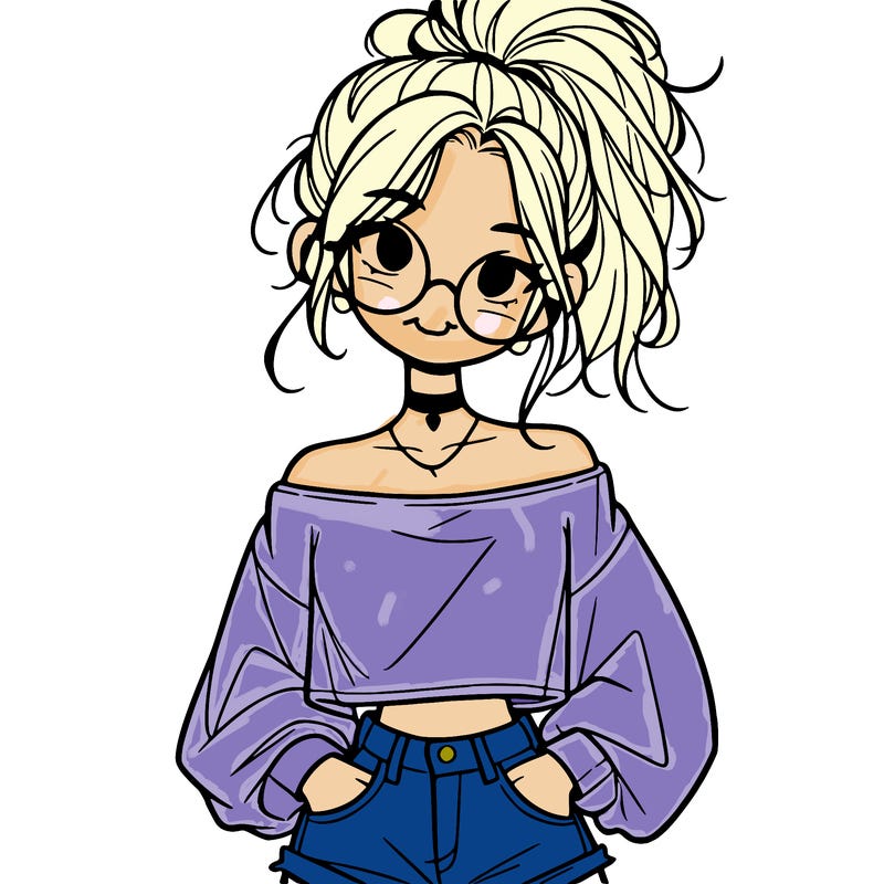 girl with a messy ponytail glasses a baggy crop top and jean shorts