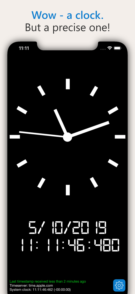 AtomicClock app interface showing a precise analog clock and digital time with milliseconds.