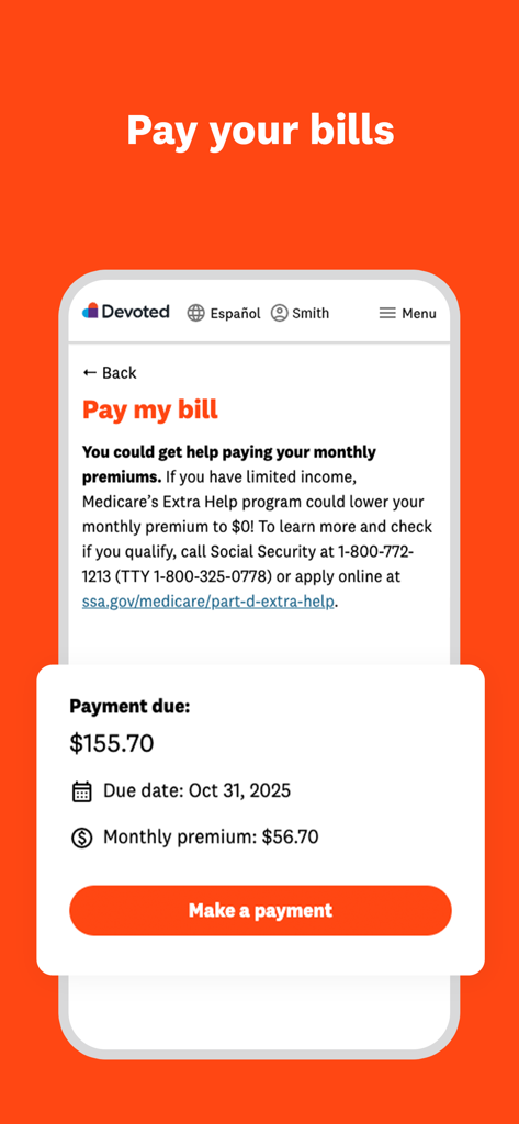 Screen of MyDevoted app showing bill payment details and a make a payment button.