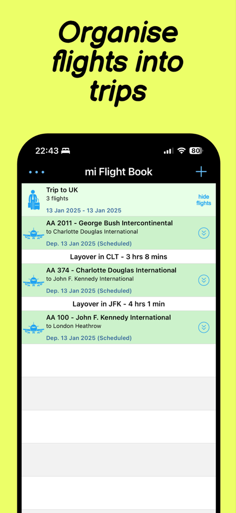 Flight Tracker, Plane Radar 24 - Mobile app screen showing a flight itinerary with multiple connections and layover details organized into a single trip called Trip to UK.