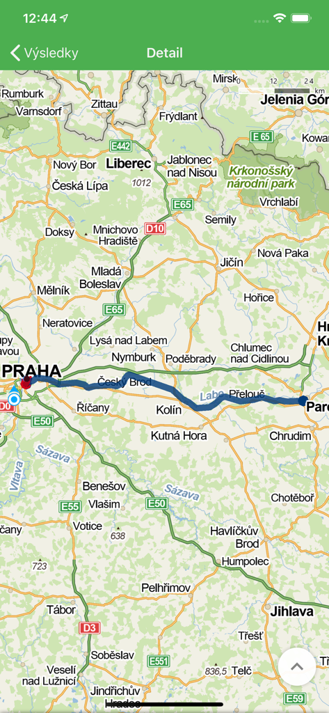 Pubtran mobile app displaying a transit route on a map of the Czech Republic