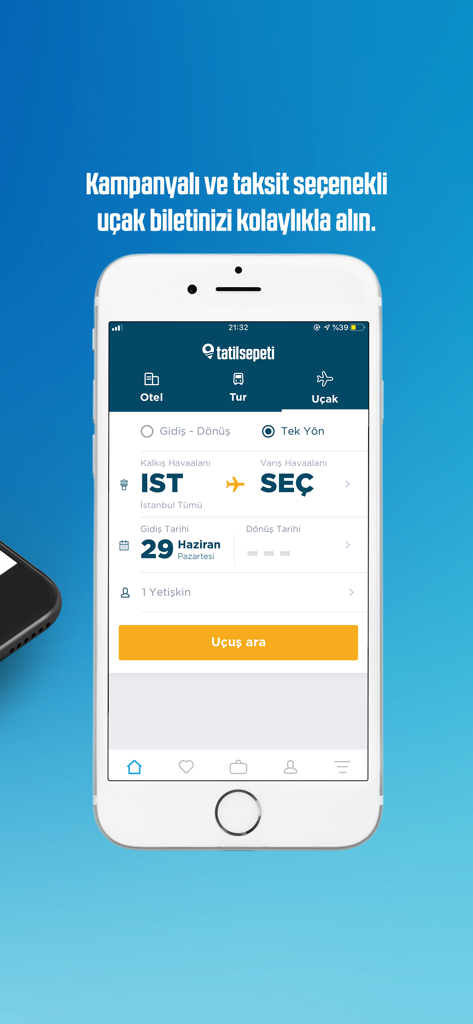 tatilsepeti - Tatilsepeti mobile app interface showing a flight search screen for travel to and from Istanbul