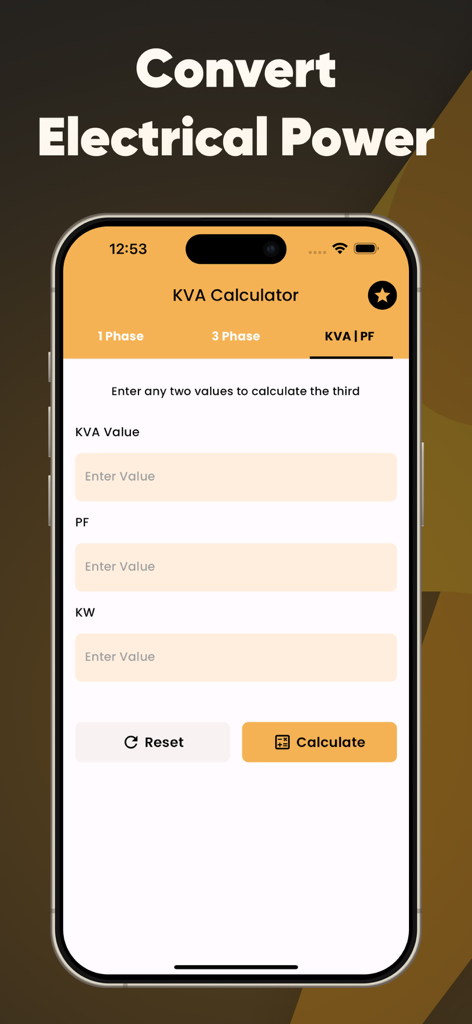 Interfaccia dell'app Calcolatore kVA 2025 che mostra i campi di calcolo del fattore di potenza e dei kilowatt.