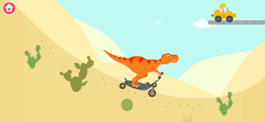 Un dinosaure de dessin animé faisant du scooter dans un paysage désertique.