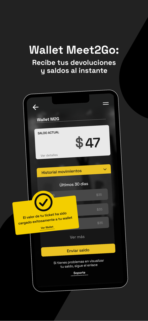 meet2go - Meet2Go mobile app wallet screen displaying balance and refund notification