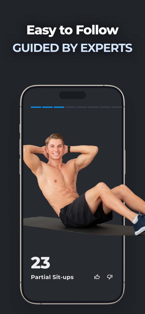 MuscleFit app interface showing a guided partial sit-up exercise with expert instructions.