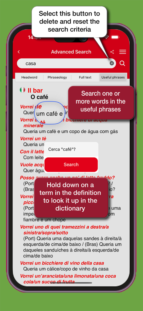 Hoepli Portuguese-Italian dictionary app interface showing advanced search and useful phrases