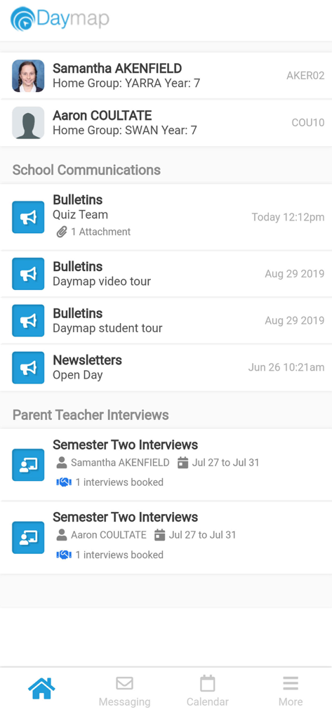 Daymap Mobile - Daymap Mobileアプリのインターフェースには、生徒プロフィール、学校の掲示板、保護者面談スケジュールが表示されています