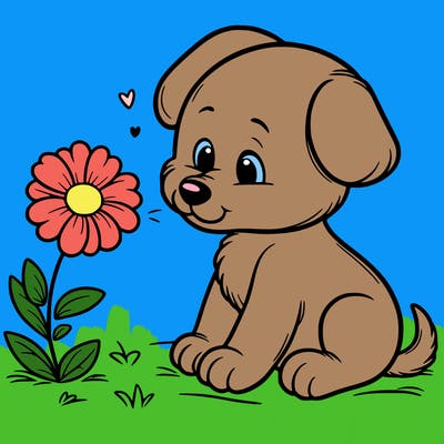puppy smelling a flower