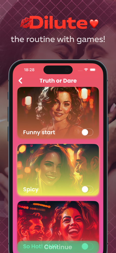 Interfaz de la app Sex Actions mostrando varios niveles del juego Reto o Verdad para parejas