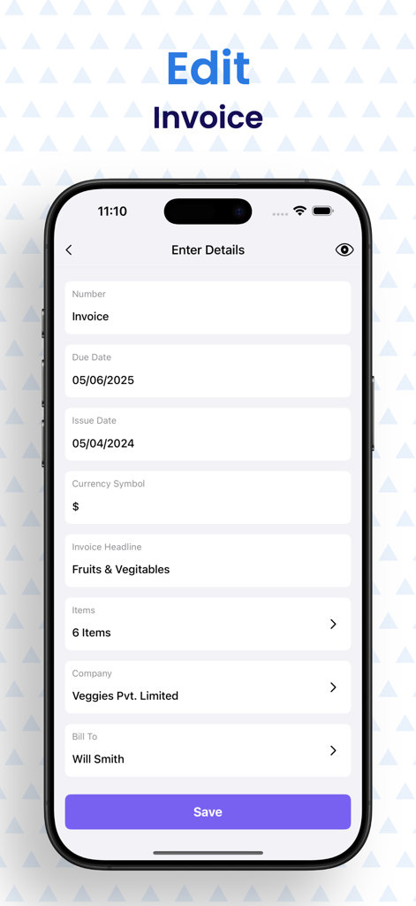 Invoice Maker – Easy Bill PDF - 日付、通貨、項目、クライアント情報を含む請求書の詳細を入力するためのモバイルアプリインターフェース