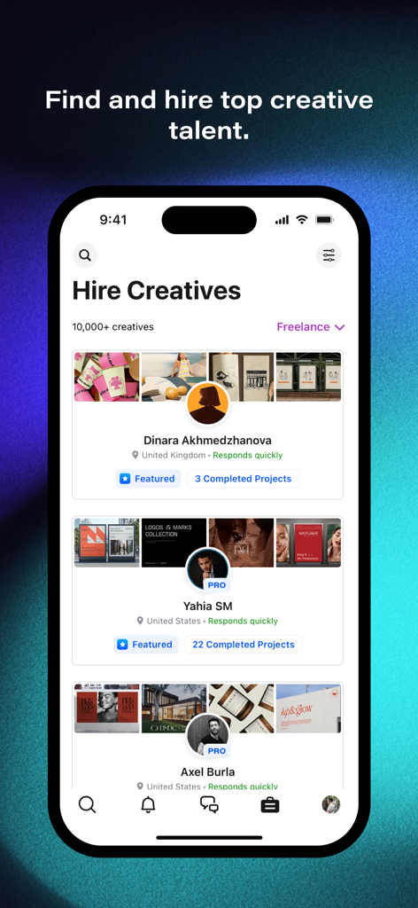 Behance – Creative Portfolios - Behance mobile app screen showing a list of creative freelancers with their portfolios and project counts for hire