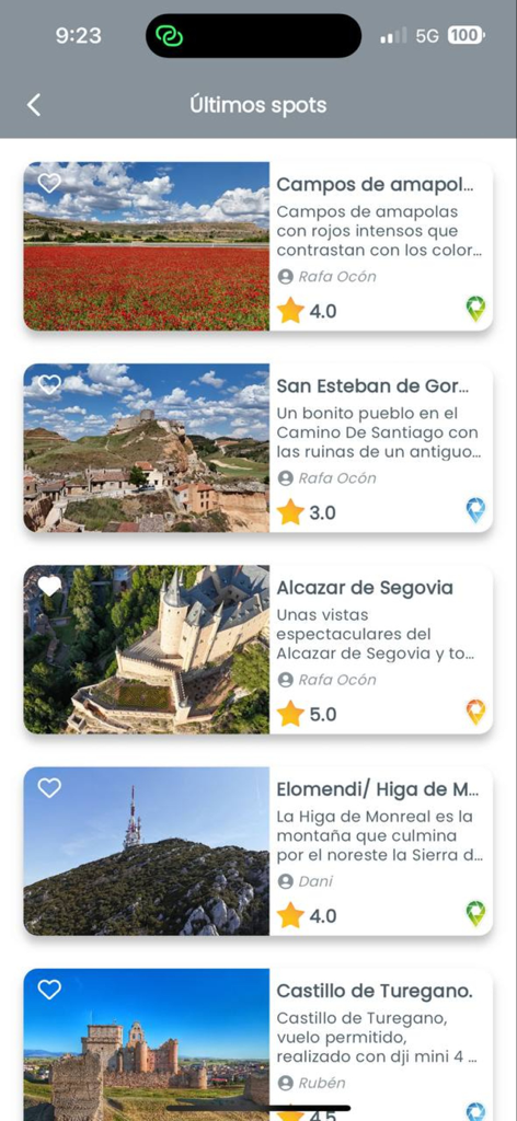 VUELA DRONES - Liste d'emplacements de vol de drones partagés par la communauté dans l'application VUELA DRONES.
