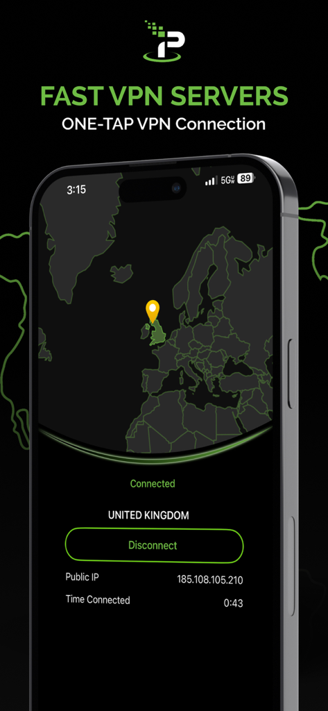 Aplicativo IPVanish no iPhone mostrando uma conexão VPN bem-sucedida de um toque para o Reino Unido.