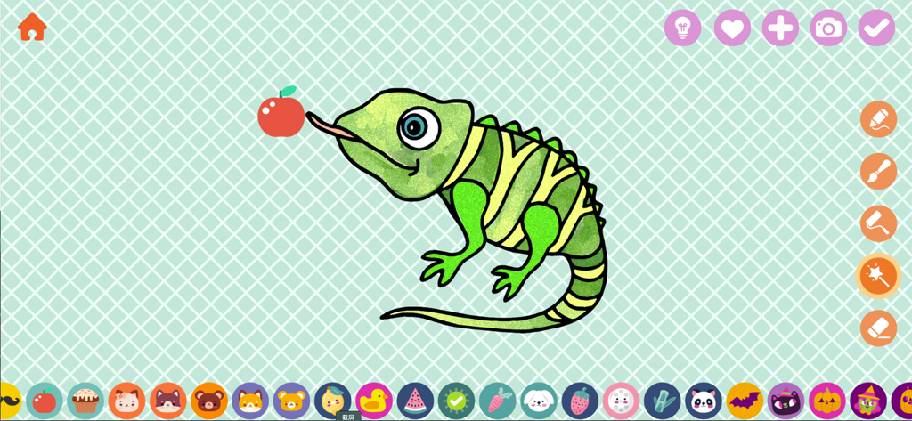 A green chameleon being colored in the Yamo Draw app with various tool icons