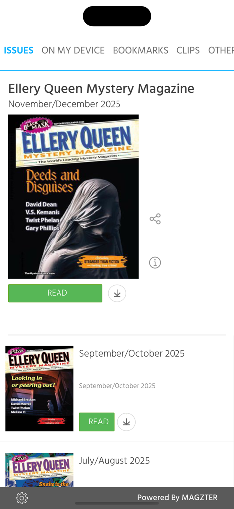 Ellery Queen Mystery Magazine - Ellery Queen Mystery Magazine app interface showing a list of digital magazine issues available for reading.