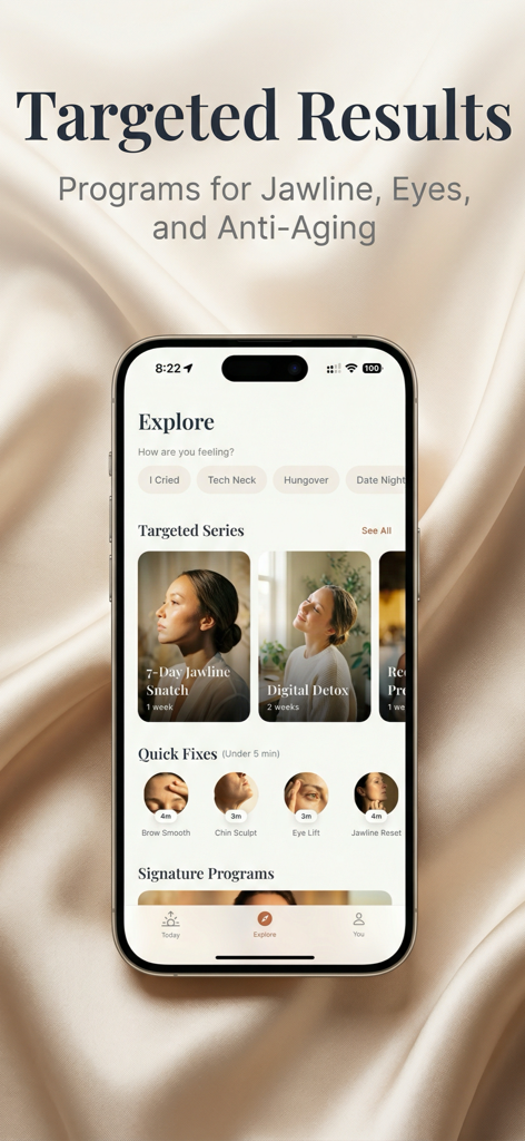 Luma: Face Yoga Exercises - The Explore screen of the Luma app featuring face yoga programs for jawline, eyes, and anti-aging.